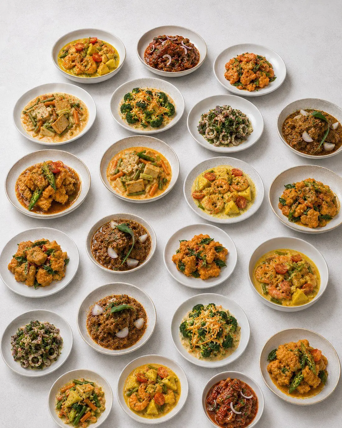 Rows of small bowls of food laid out for a morning catering spread in a Singapore office