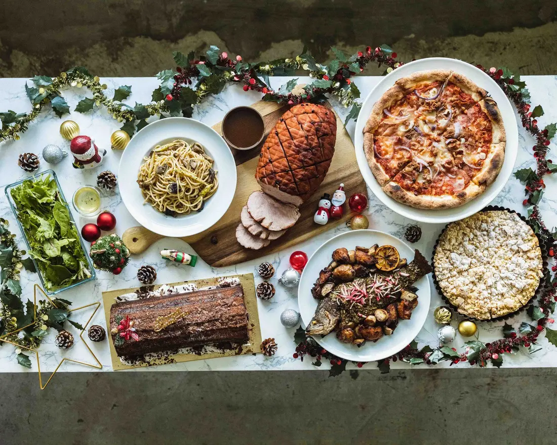 Festive buffet catering spread laid out for a Christmas party in Singapore