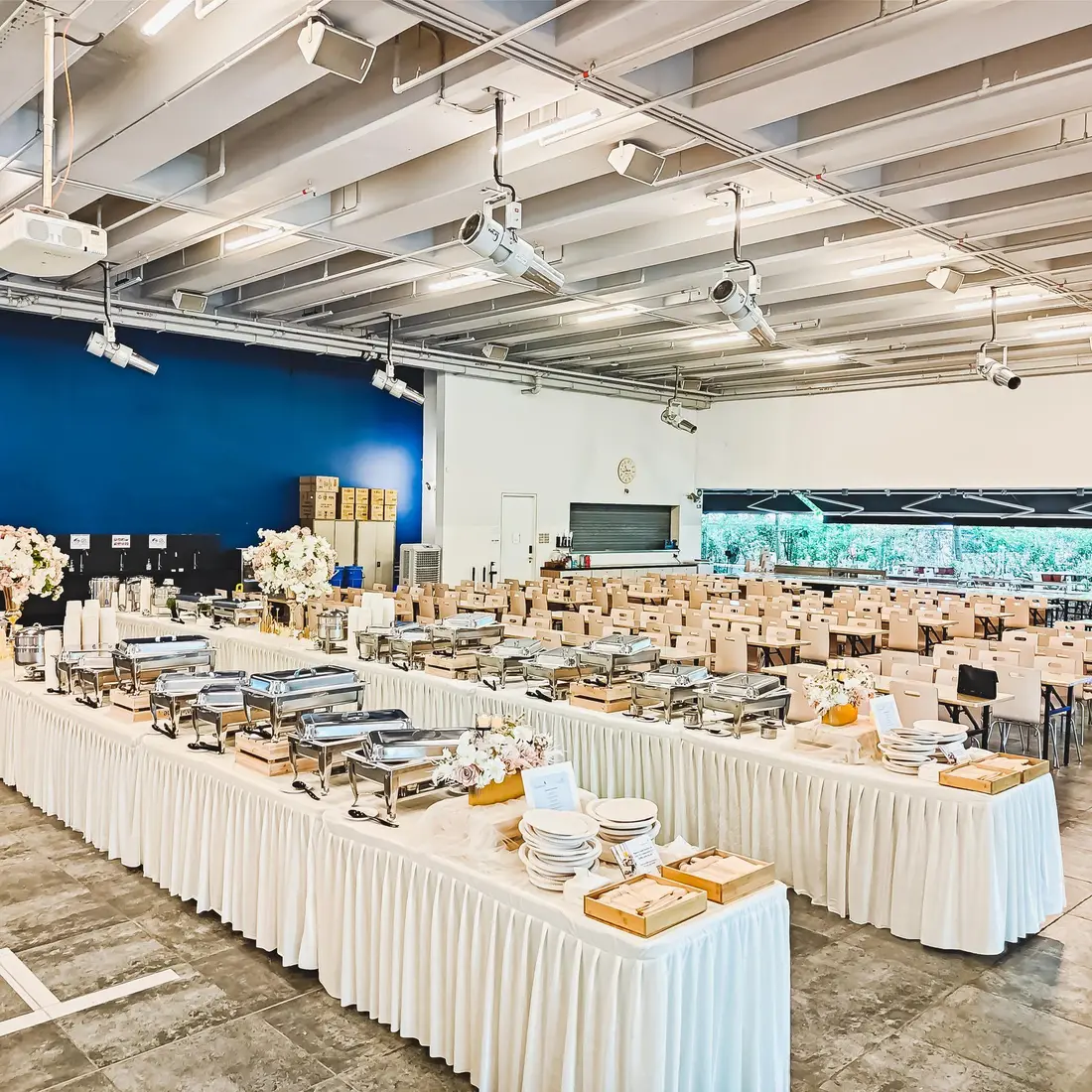 Event catering buffet line set up at a corporate event in Singapore