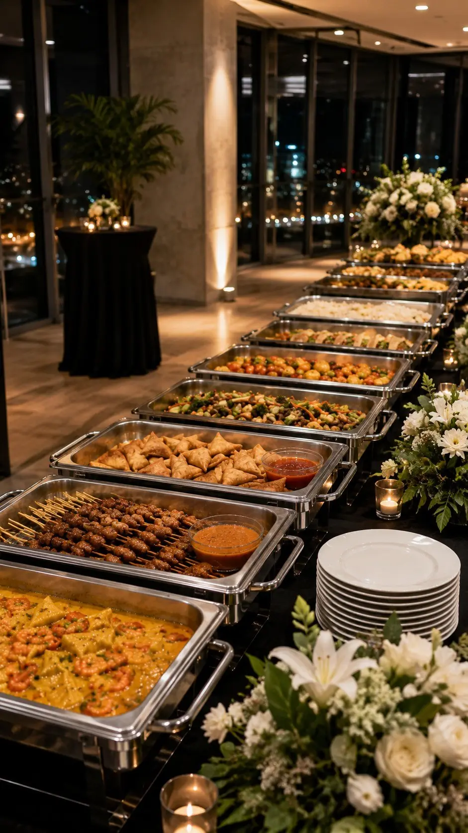 Evening buffet line with florals set up for a company annual dinner in Singapore