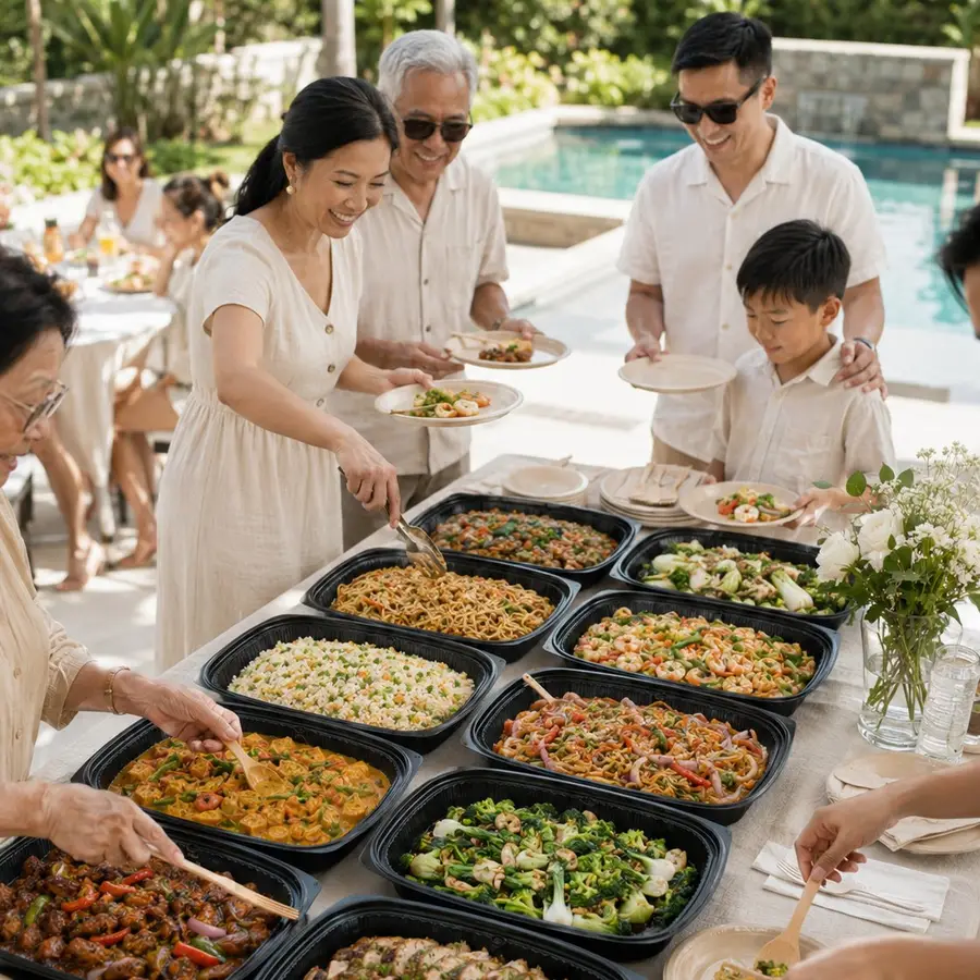 Party catering trays set out beside a pool at a Singapore condominium