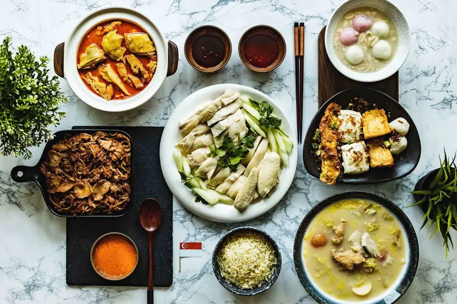 Daily rotating menu of local favourites for workplace meals: chicken rice, curry and braised dishes